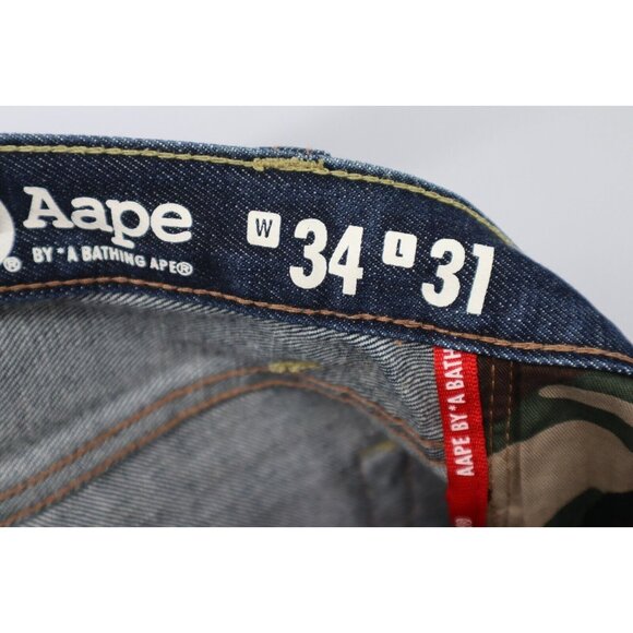 Aape by A Bathing Ape Loose 43X31 Men Indigo Garment Fly Button Camo Back Pocket - Picture 8 of 16